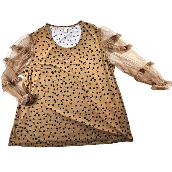 Cato Mixed Fabric Top Tan Black Floral Print Long Net Sleeves Women's Size 18/20 - Picture 2 of 11
